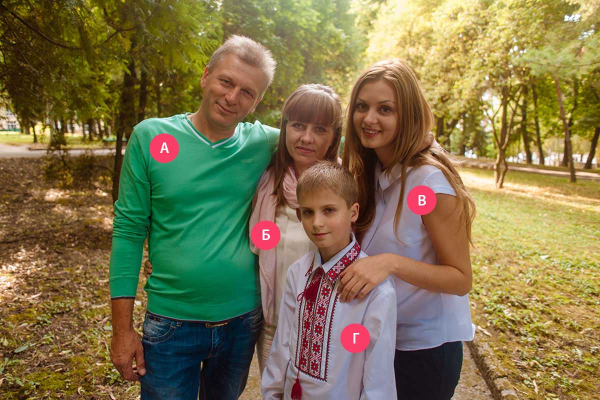 Family if four (father, mother, daughter and son) in a lush green park setting
