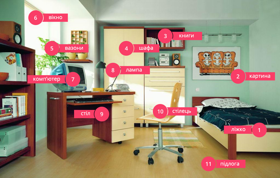 Modern bedroom with desk, chair, bed and decor items